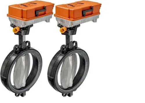 Zwei STIEBEL ELTRON Heizungsumschaltklappen HUK 200 Sets, orangefarbene Aktuatoren und schwarze Ventilkörper.